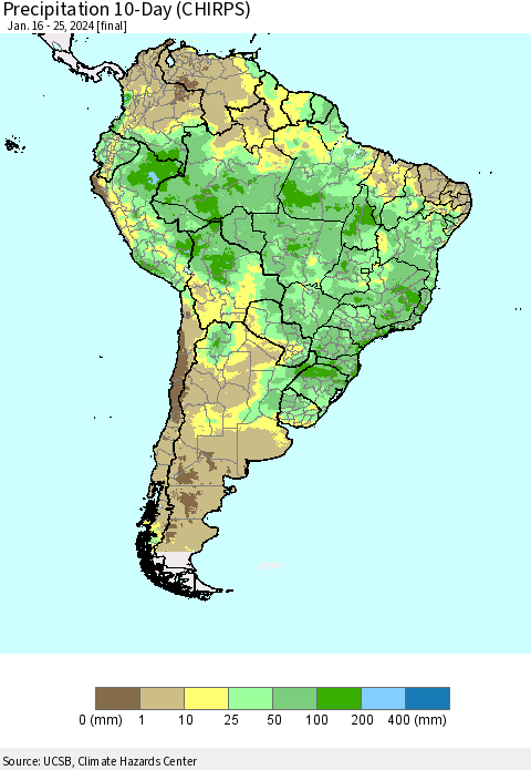 South America Precipitation 10-Day (CHIRPS) Thematic Map For 1/16/2024 - 1/25/2024
