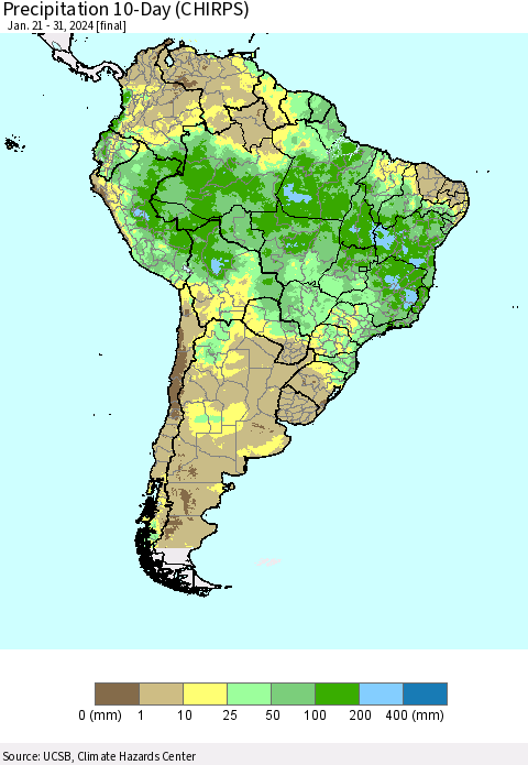 South America Precipitation 10-Day (CHIRPS) Thematic Map For 1/21/2024 - 1/31/2024
