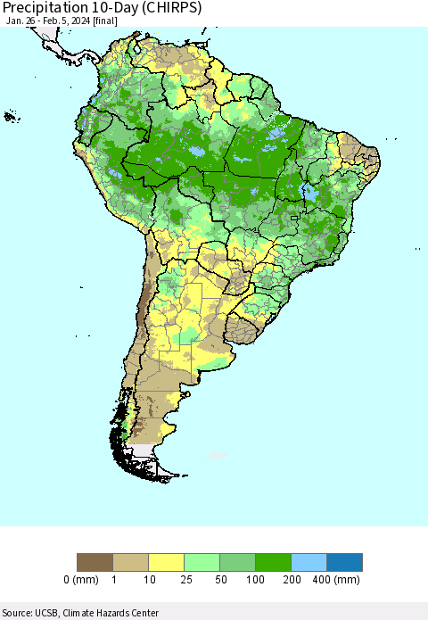 South America Precipitation 10-Day (CHIRPS) Thematic Map For 1/26/2024 - 2/5/2024