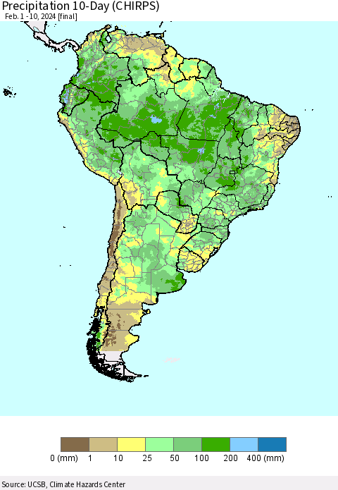 South America Precipitation 10-Day (CHIRPS) Thematic Map For 2/1/2024 - 2/10/2024