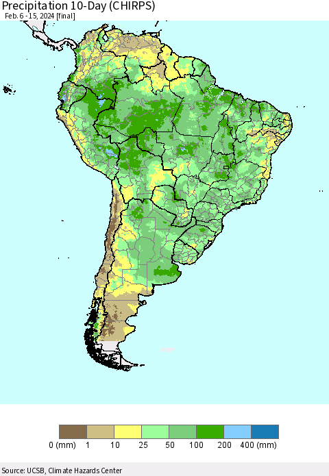 South America Precipitation 10-Day (CHIRPS) Thematic Map For 2/6/2024 - 2/15/2024