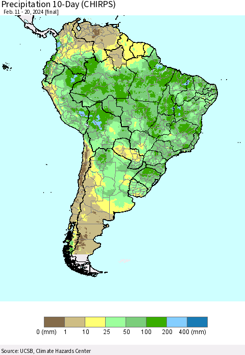 South America Precipitation 10-Day (CHIRPS) Thematic Map For 2/11/2024 - 2/20/2024
