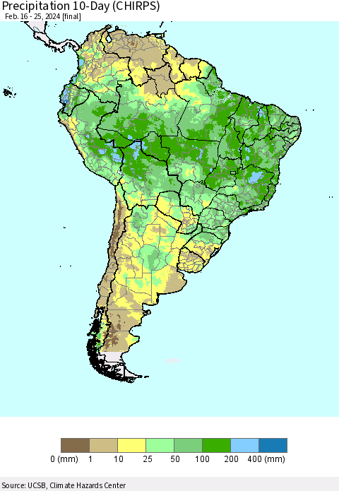 South America Precipitation 10-Day (CHIRPS) Thematic Map For 2/16/2024 - 2/25/2024