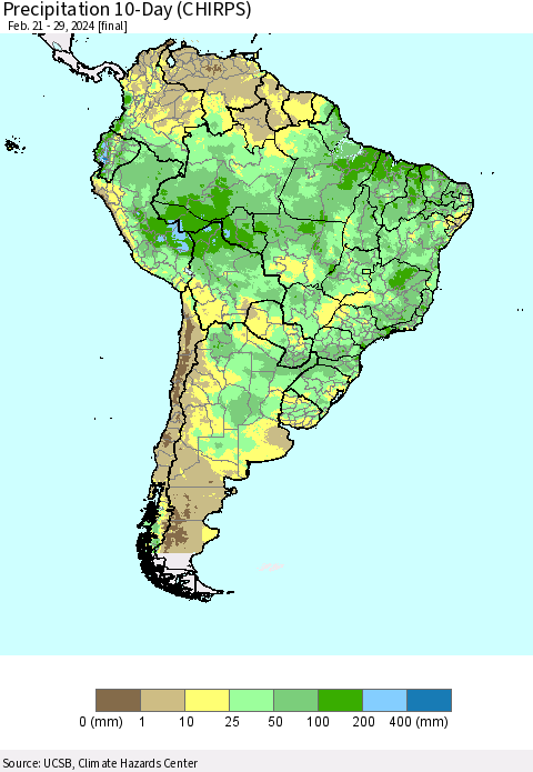 South America Precipitation 10-Day (CHIRPS) Thematic Map For 2/21/2024 - 2/29/2024