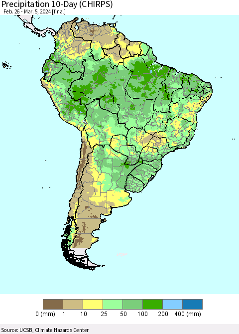 South America Precipitation 10-Day (CHIRPS) Thematic Map For 2/26/2024 - 3/5/2024