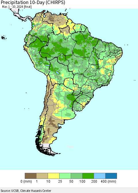 South America Precipitation 10-Day (CHIRPS) Thematic Map For 3/1/2024 - 3/10/2024