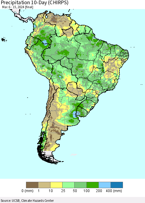 South America Precipitation 10-Day (CHIRPS) Thematic Map For 3/6/2024 - 3/15/2024
