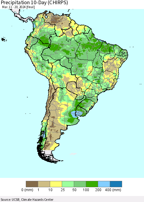 South America Precipitation 10-Day (CHIRPS) Thematic Map For 3/11/2024 - 3/20/2024