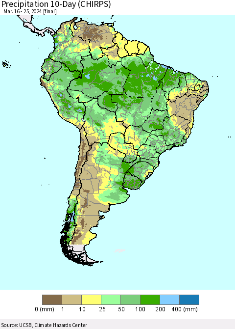South America Precipitation 10-Day (CHIRPS) Thematic Map For 3/16/2024 - 3/25/2024