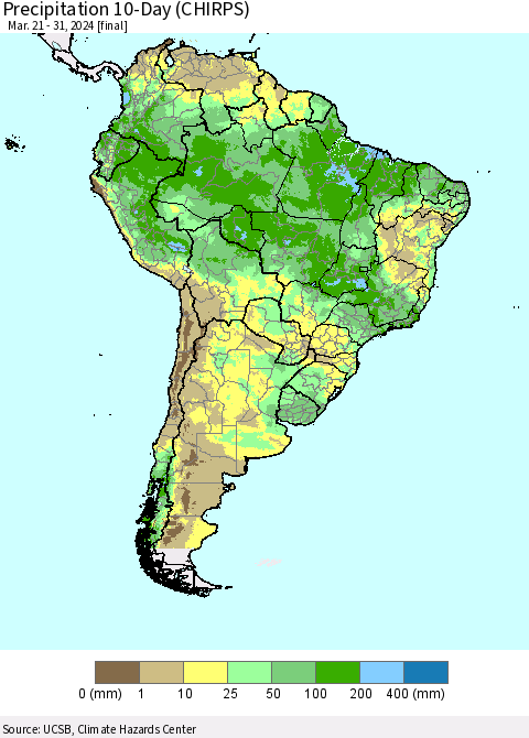 South America Precipitation 10-Day (CHIRPS) Thematic Map For 3/21/2024 - 3/31/2024