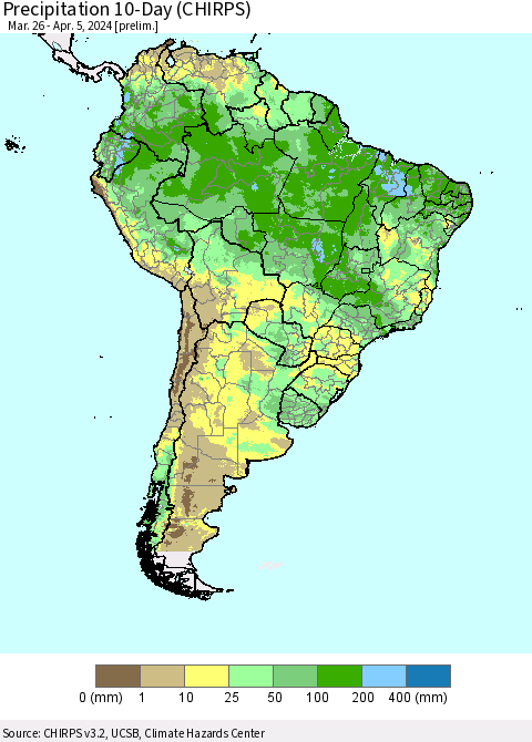 South America Precipitation 10-Day (CHIRPS) Thematic Map For 3/26/2024 - 4/5/2024