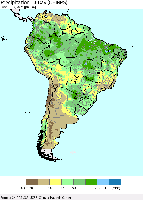 South America Precipitation 10-Day (CHIRPS) Thematic Map For 4/1/2024 - 4/10/2024