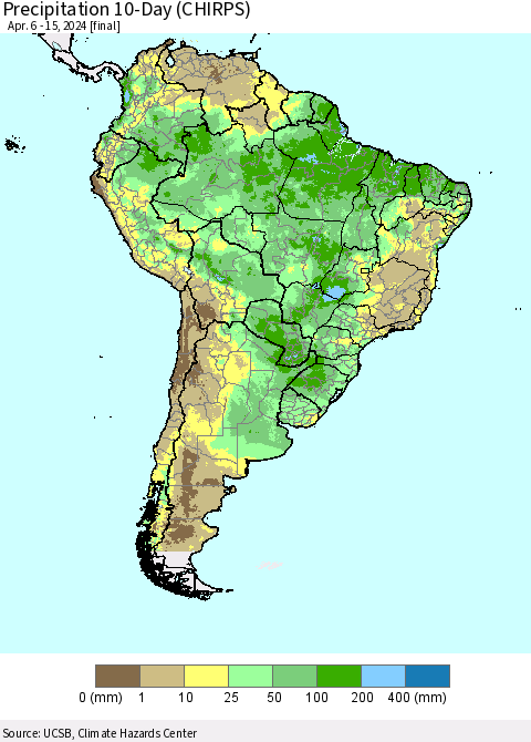 South America Precipitation 10-Day (CHIRPS) Thematic Map For 4/6/2024 - 4/15/2024