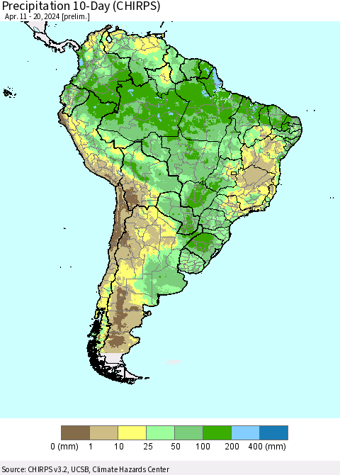 South America Precipitation 10-Day (CHIRPS) Thematic Map For 4/11/2024 - 4/20/2024