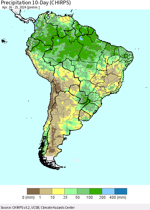South America Precipitation 10-Day (CHIRPS) Thematic Map For 4/16/2024 - 4/25/2024
