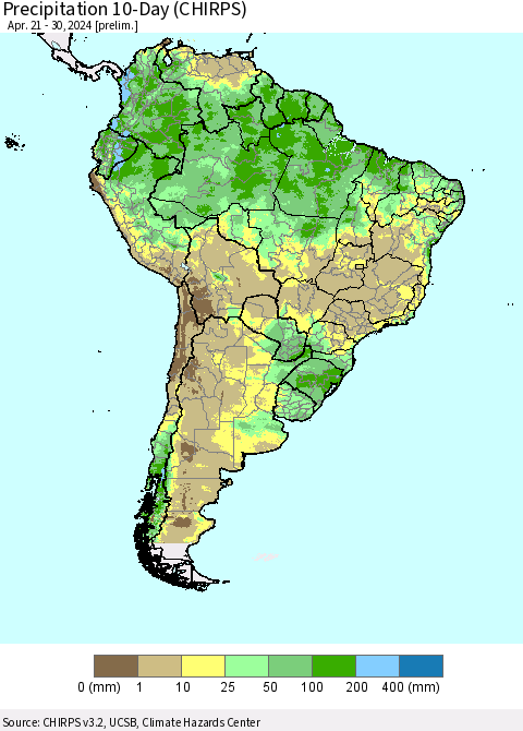 South America Precipitation 10-Day (CHIRPS) Thematic Map For 4/21/2024 - 4/30/2024