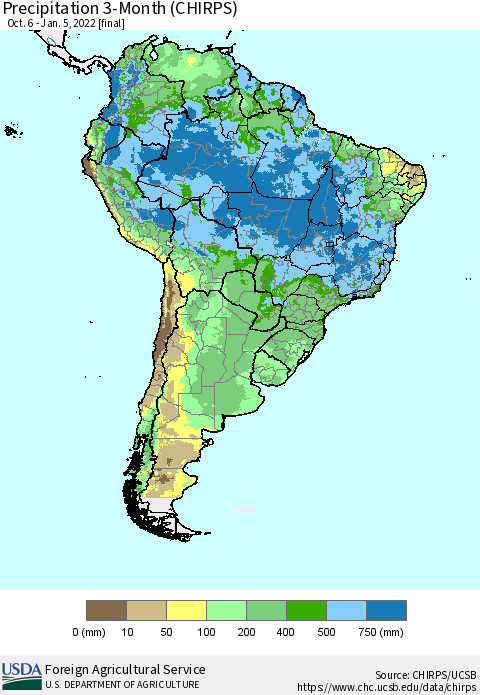 South America Precipitation 3-Month (CHIRPS) Thematic Map For 10/6/2021 - 1/5/2022