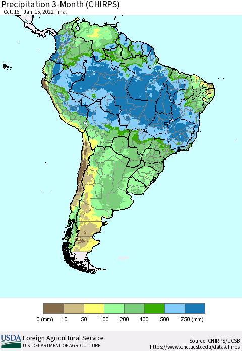 South America Precipitation 3-Month (CHIRPS) Thematic Map For 10/16/2021 - 1/15/2022