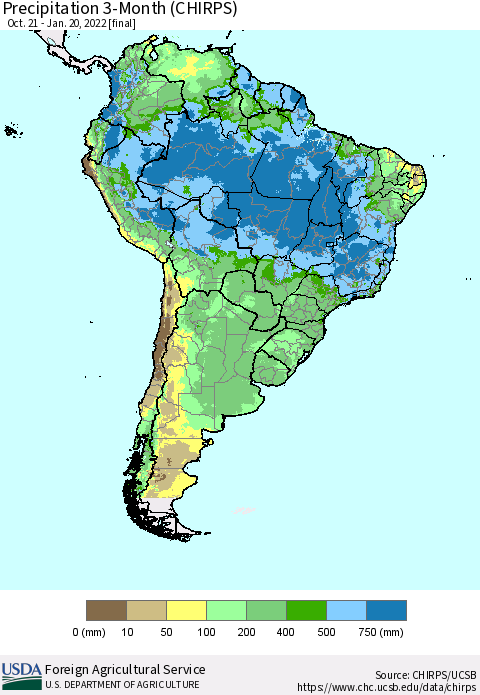 South America Precipitation 3-Month (CHIRPS) Thematic Map For 10/21/2021 - 1/20/2022
