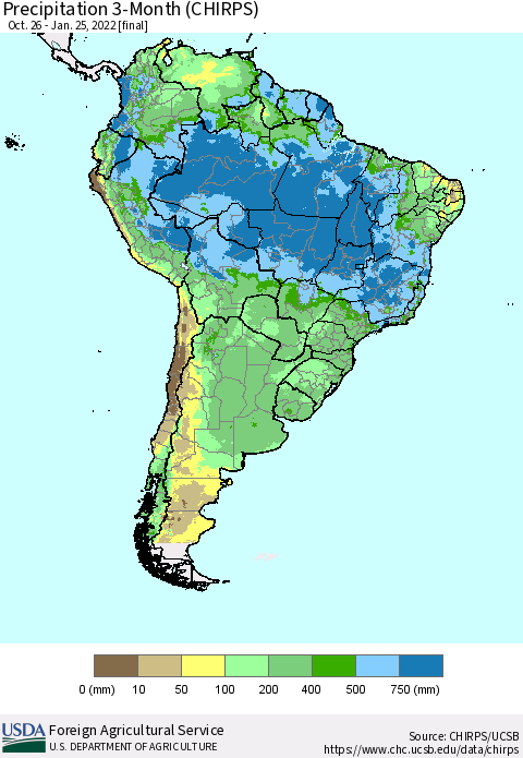 South America Precipitation 3-Month (CHIRPS) Thematic Map For 10/26/2021 - 1/25/2022
