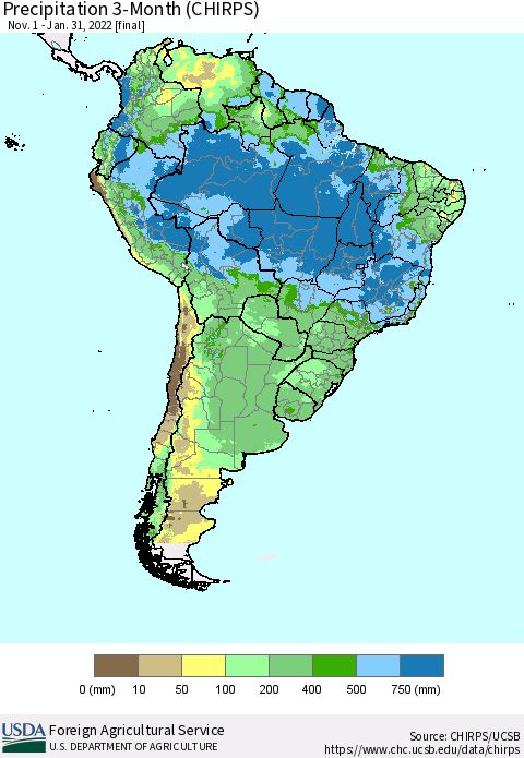 South America Precipitation 3-Month (CHIRPS) Thematic Map For 11/1/2021 - 1/31/2022