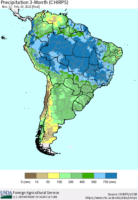 South America Precipitation 3-Month (CHIRPS) Thematic Map For 11/11/2021 - 2/10/2022