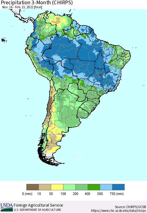 South America Precipitation 3-Month (CHIRPS) Thematic Map For 11/16/2021 - 2/15/2022