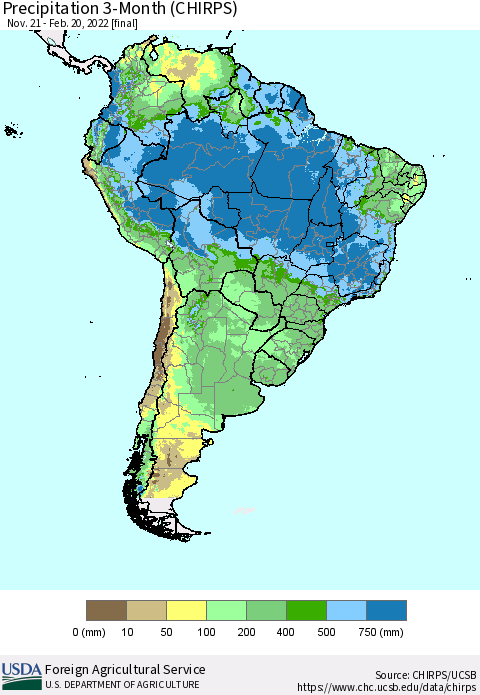 South America Precipitation 3-Month (CHIRPS) Thematic Map For 11/21/2021 - 2/20/2022