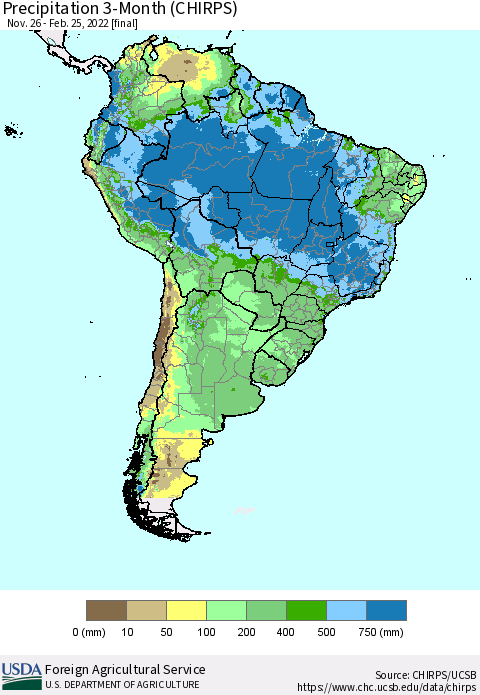 South America Precipitation 3-Month (CHIRPS) Thematic Map For 11/26/2021 - 2/25/2022