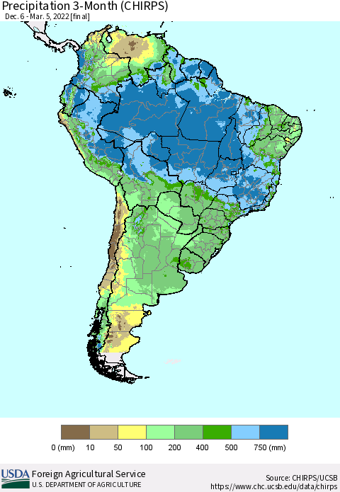South America Precipitation 3-Month (CHIRPS) Thematic Map For 12/6/2021 - 3/5/2022