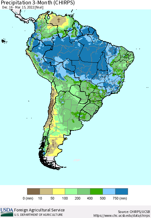 South America Precipitation 3-Month (CHIRPS) Thematic Map For 12/16/2021 - 3/15/2022