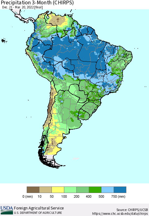 South America Precipitation 3-Month (CHIRPS) Thematic Map For 12/21/2021 - 3/20/2022