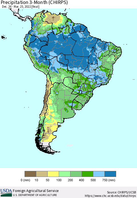 South America Precipitation 3-Month (CHIRPS) Thematic Map For 12/26/2021 - 3/25/2022