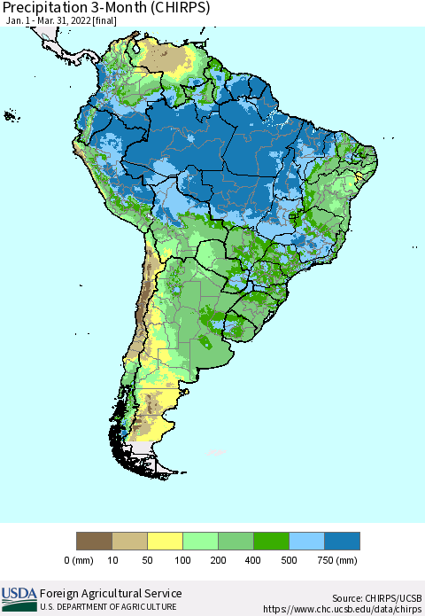 South America Precipitation 3-Month (CHIRPS) Thematic Map For 1/1/2022 - 3/31/2022
