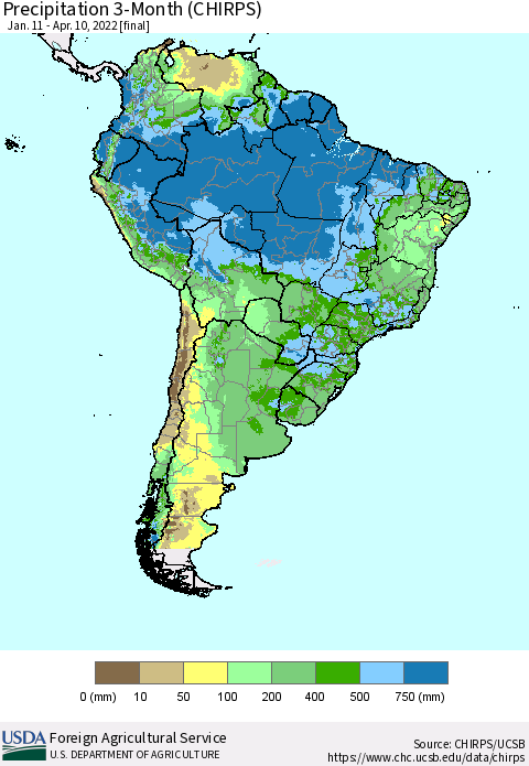 South America Precipitation 3-Month (CHIRPS) Thematic Map For 1/11/2022 - 4/10/2022