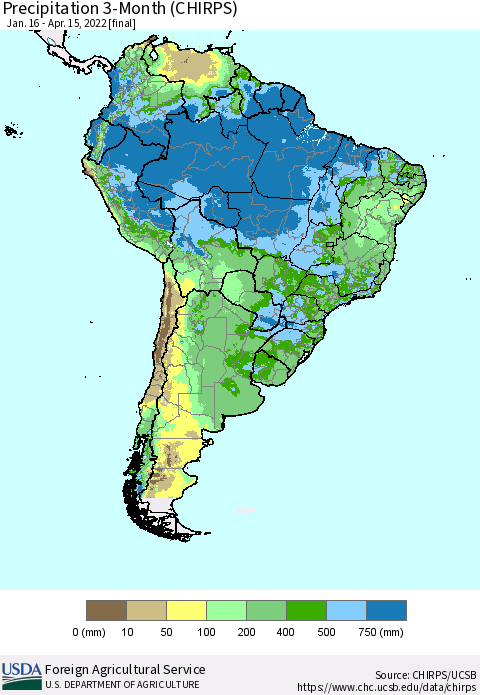 South America Precipitation 3-Month (CHIRPS) Thematic Map For 1/16/2022 - 4/15/2022