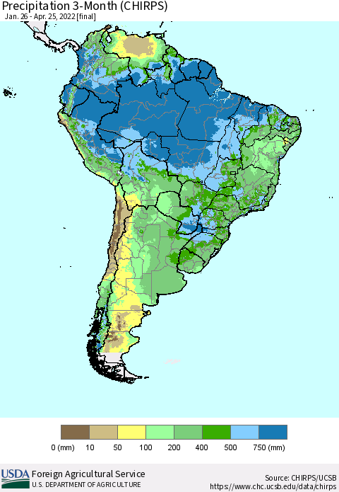 South America Precipitation 3-Month (CHIRPS) Thematic Map For 1/26/2022 - 4/25/2022