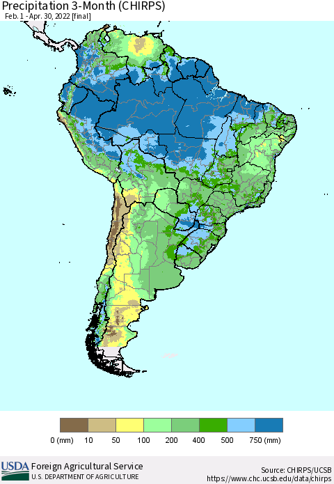 South America Precipitation 3-Month (CHIRPS) Thematic Map For 2/1/2022 - 4/30/2022