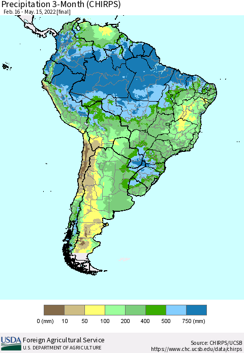 South America Precipitation 3-Month (CHIRPS) Thematic Map For 2/16/2022 - 5/15/2022