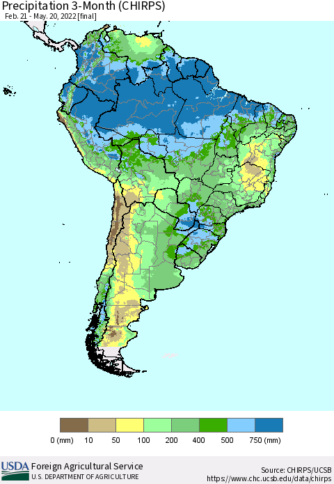 South America Precipitation 3-Month (CHIRPS) Thematic Map For 2/21/2022 - 5/20/2022
