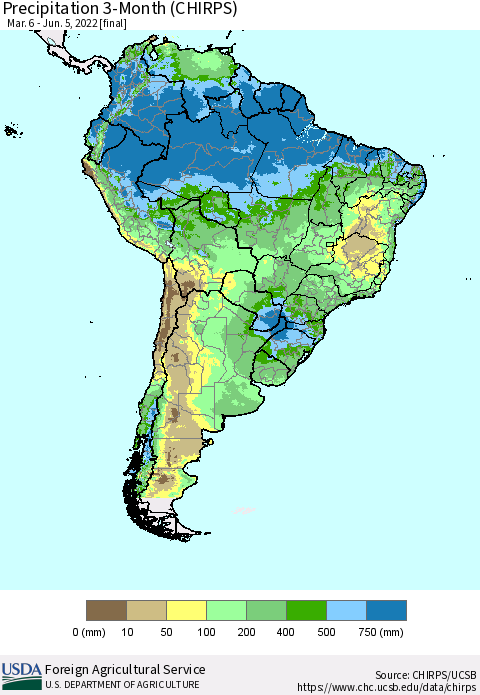 South America Precipitation 3-Month (CHIRPS) Thematic Map For 3/6/2022 - 6/5/2022