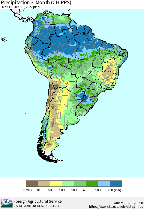 South America Precipitation 3-Month (CHIRPS) Thematic Map For 3/11/2022 - 6/10/2022