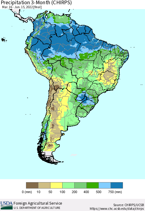 South America Precipitation 3-Month (CHIRPS) Thematic Map For 3/16/2022 - 6/15/2022