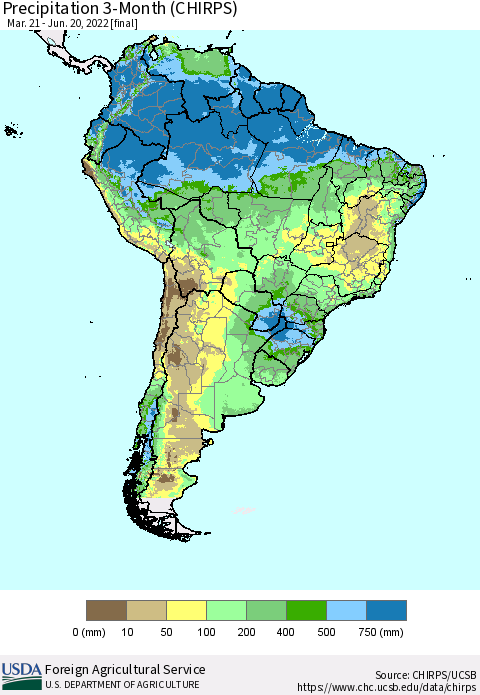 South America Precipitation 3-Month (CHIRPS) Thematic Map For 3/21/2022 - 6/20/2022
