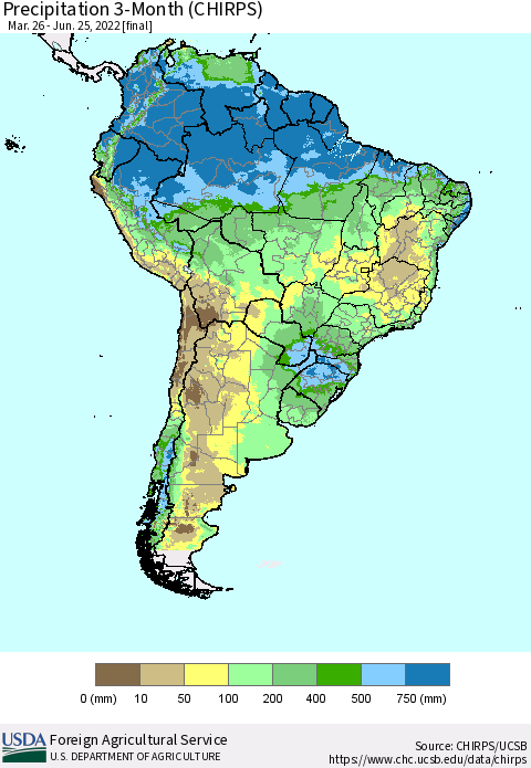 South America Precipitation 3-Month (CHIRPS) Thematic Map For 3/26/2022 - 6/25/2022