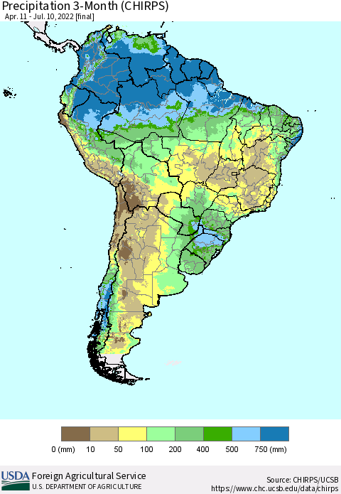 South America Precipitation 3-Month (CHIRPS) Thematic Map For 4/11/2022 - 7/10/2022