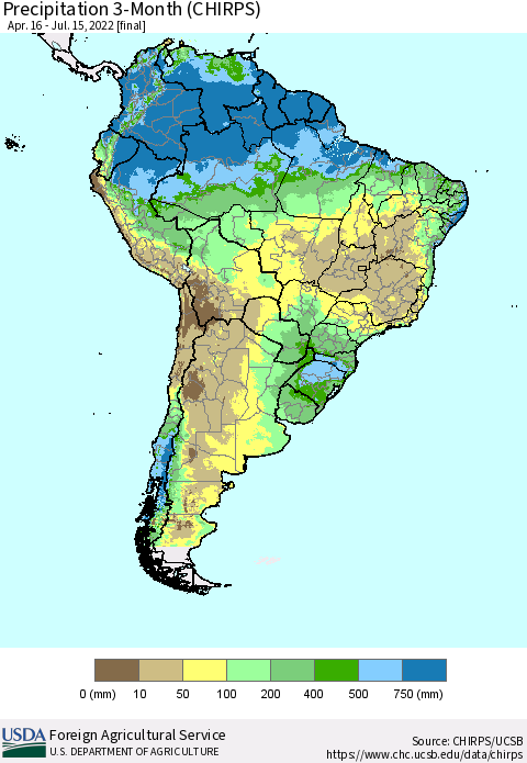 South America Precipitation 3-Month (CHIRPS) Thematic Map For 4/16/2022 - 7/15/2022