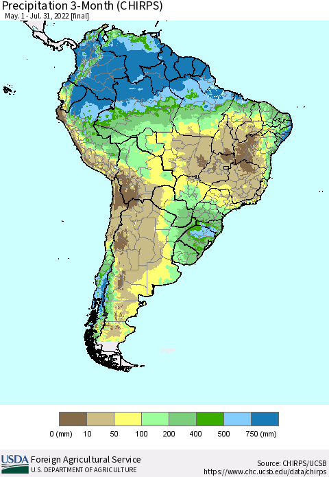 South America Precipitation 3-Month (CHIRPS) Thematic Map For 5/1/2022 - 7/31/2022
