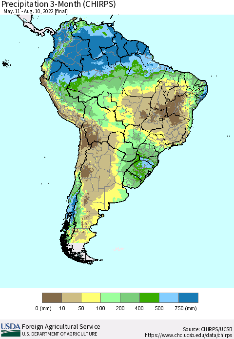 South America Precipitation 3-Month (CHIRPS) Thematic Map For 5/11/2022 - 8/10/2022