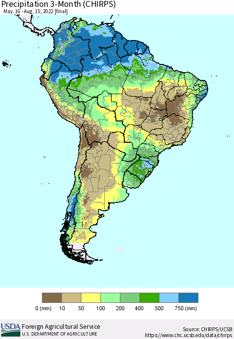 South America Precipitation 3-Month (CHIRPS) Thematic Map For 5/16/2022 - 8/15/2022